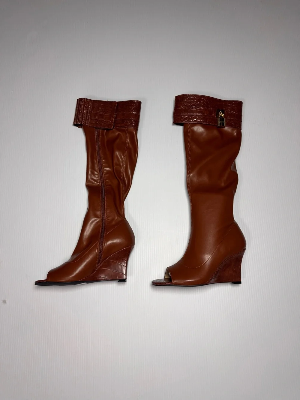 Azalea Wang Glenna Cognac Peep Toe Wedge Boots – NIB 🔥 - Picture 2 of 3